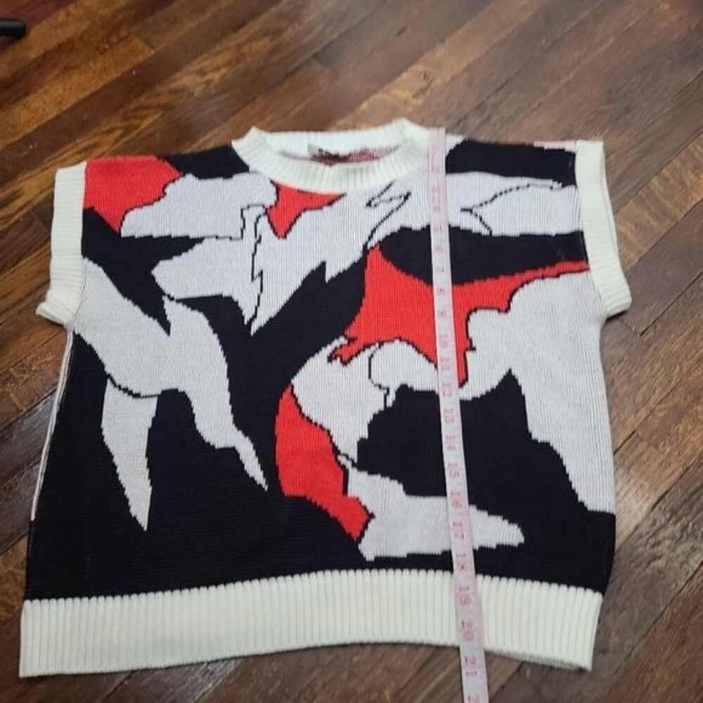 Vintage 70's Abstract Black White Red Sweater Short Sleeve Top - Picture 6 of 8